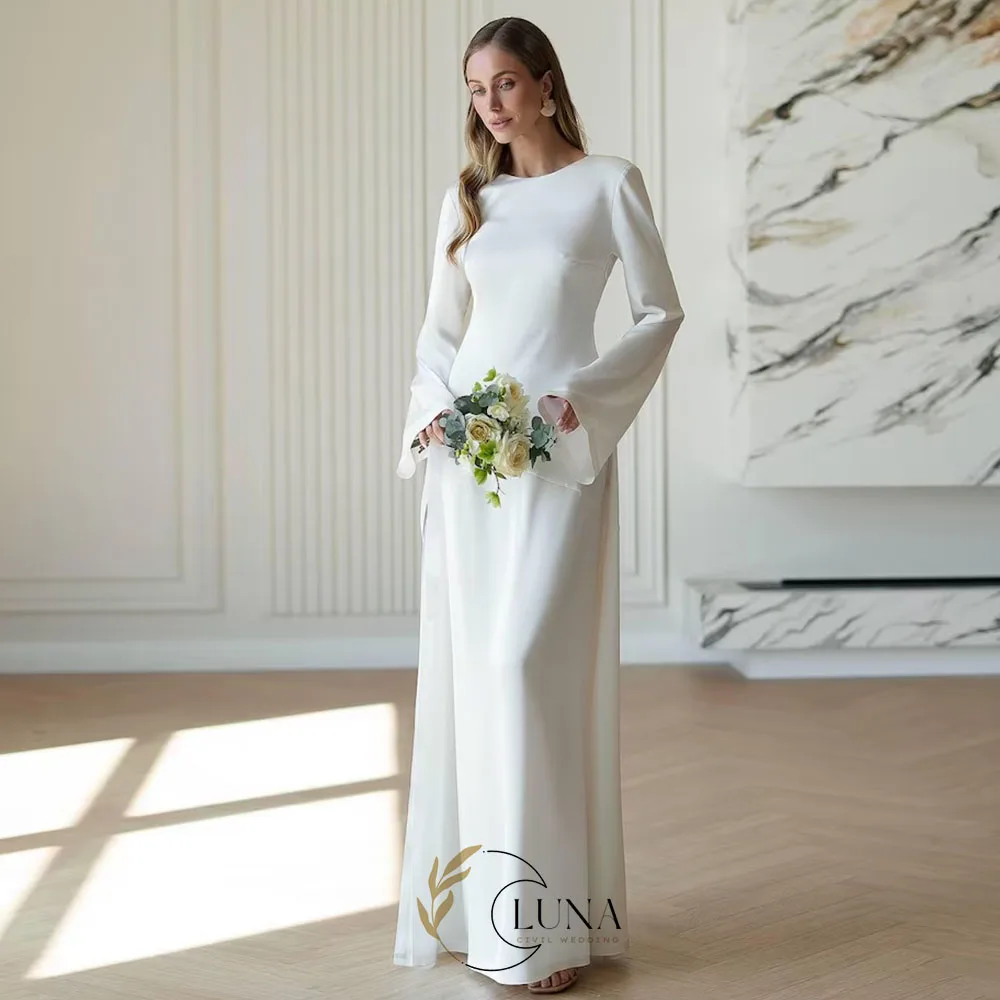 Luna Maßgeschneiderte Schlichte Standesamtliche Hochzeitskleider mit Hohem Schlitz, Langen Ärmeln, Rückenfreies Brautkleid, A-Linie Brautkleid für Festliche Anlässe 2026