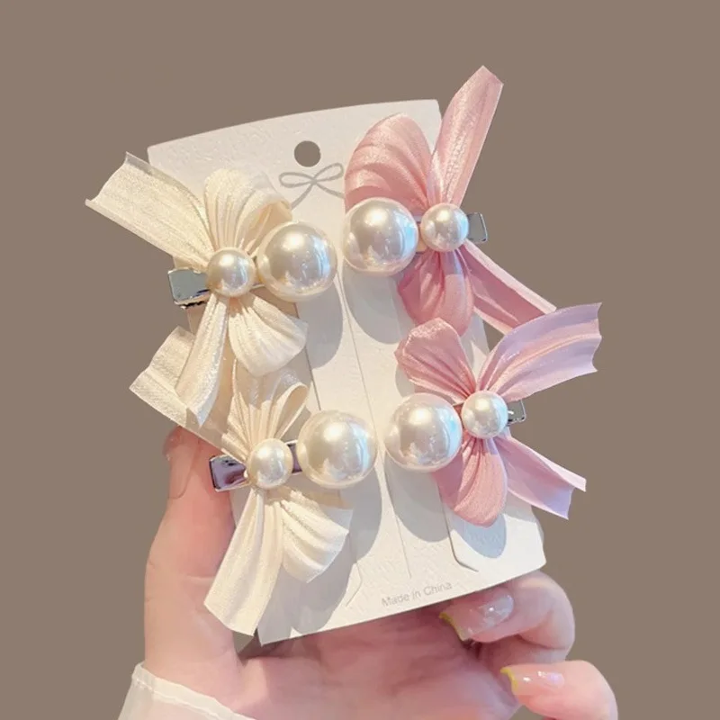 

2Pcs Simple Pearl Ribbon Hair Clips for Women Sweet Bowknot Hairpin Headdresses Girls Princess Hair Clips Hair Accessories