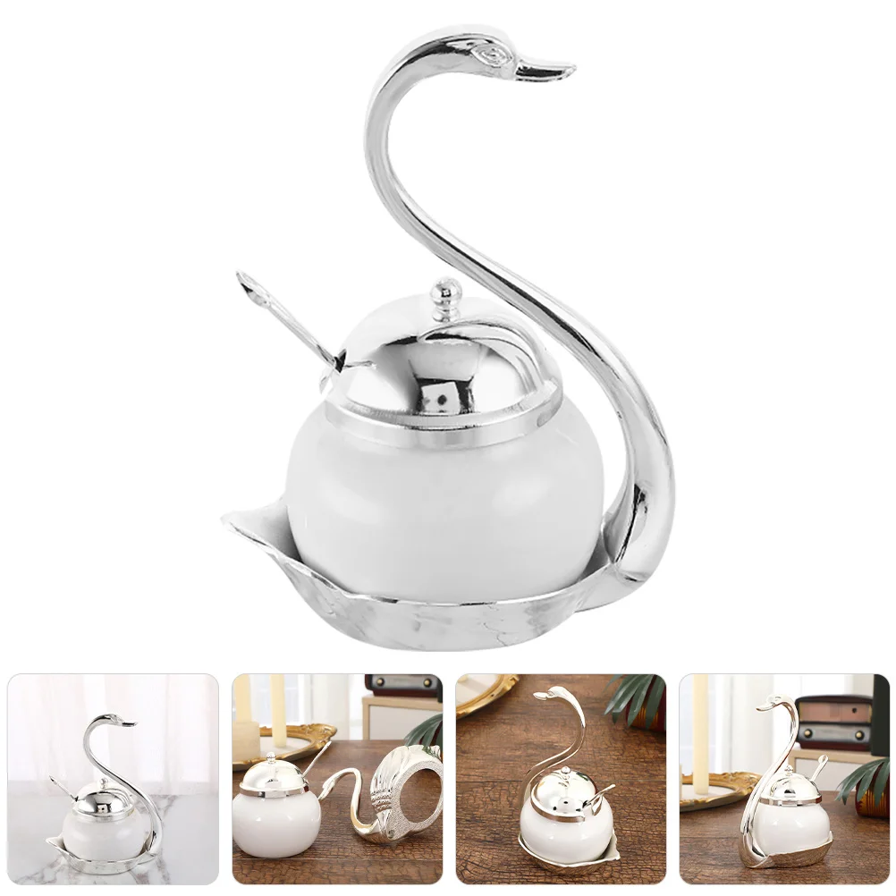 Tarro de miel de cisne de aleación de estilo europeo, bote de miel, cuchara, tarro de especias, soporte para azúcar, cocina, comedor, azucarero, contenedor de café