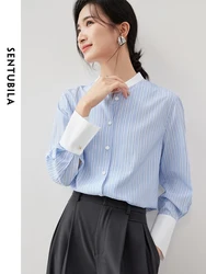 SENTUBILA Patchwork Striped Shirt for Women 2024 Autumn Casual Loose Stand Neck Long Sleeve Office Lady Simple Tops 143C56589