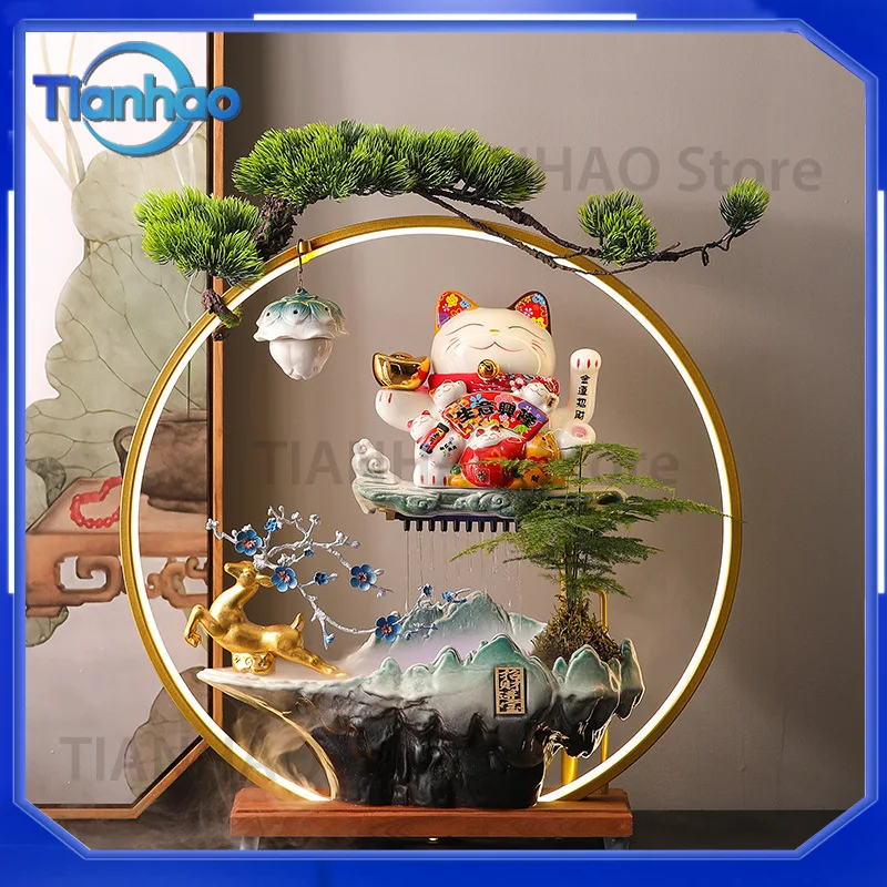 Lucky Cat Water Flow Decoration with Money Tree for Living Room Entrance Store Checkout Counter Opening Gift for All Models