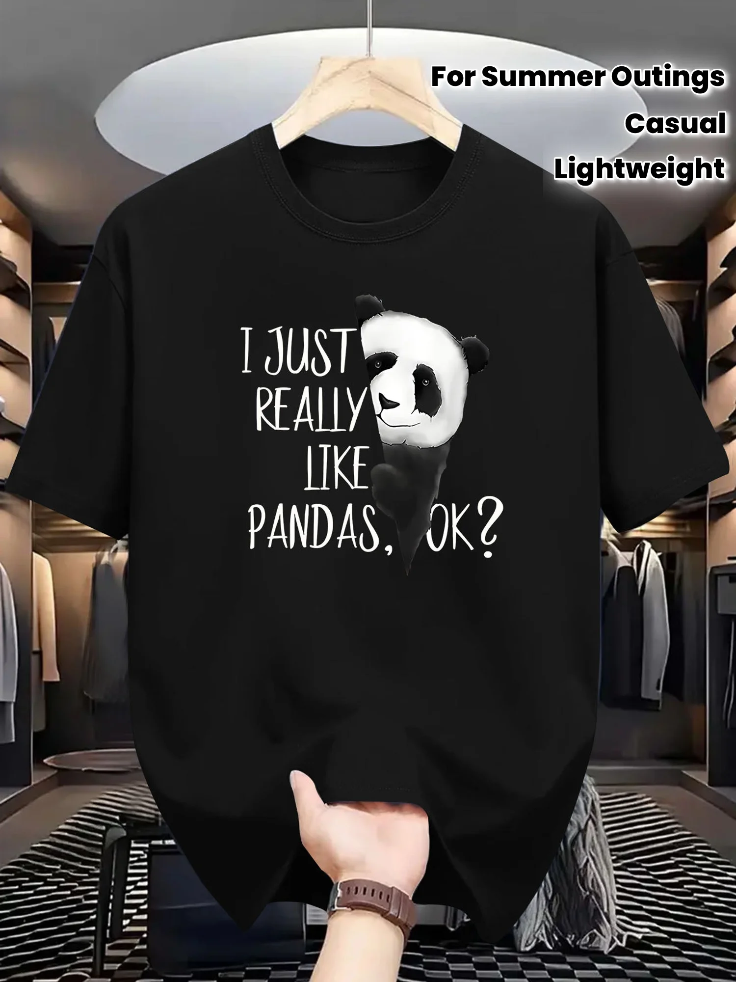 

Men's "I Just Really Like Pandas, Okay" Graphic Tee Casual Black Short Sleeve T-Shirt with Panda Print, Lightweight Polyester