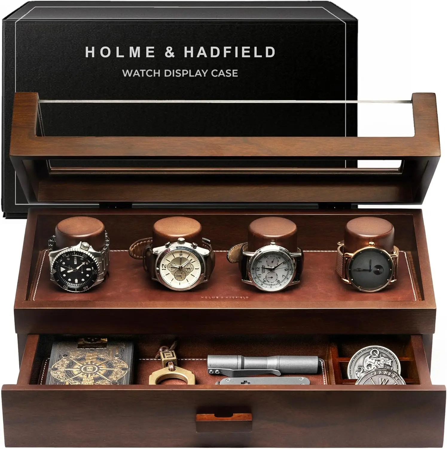 Wooden Watch Box with Hinged Cover, Leather Lining & Drawer – Display & Storage for Men