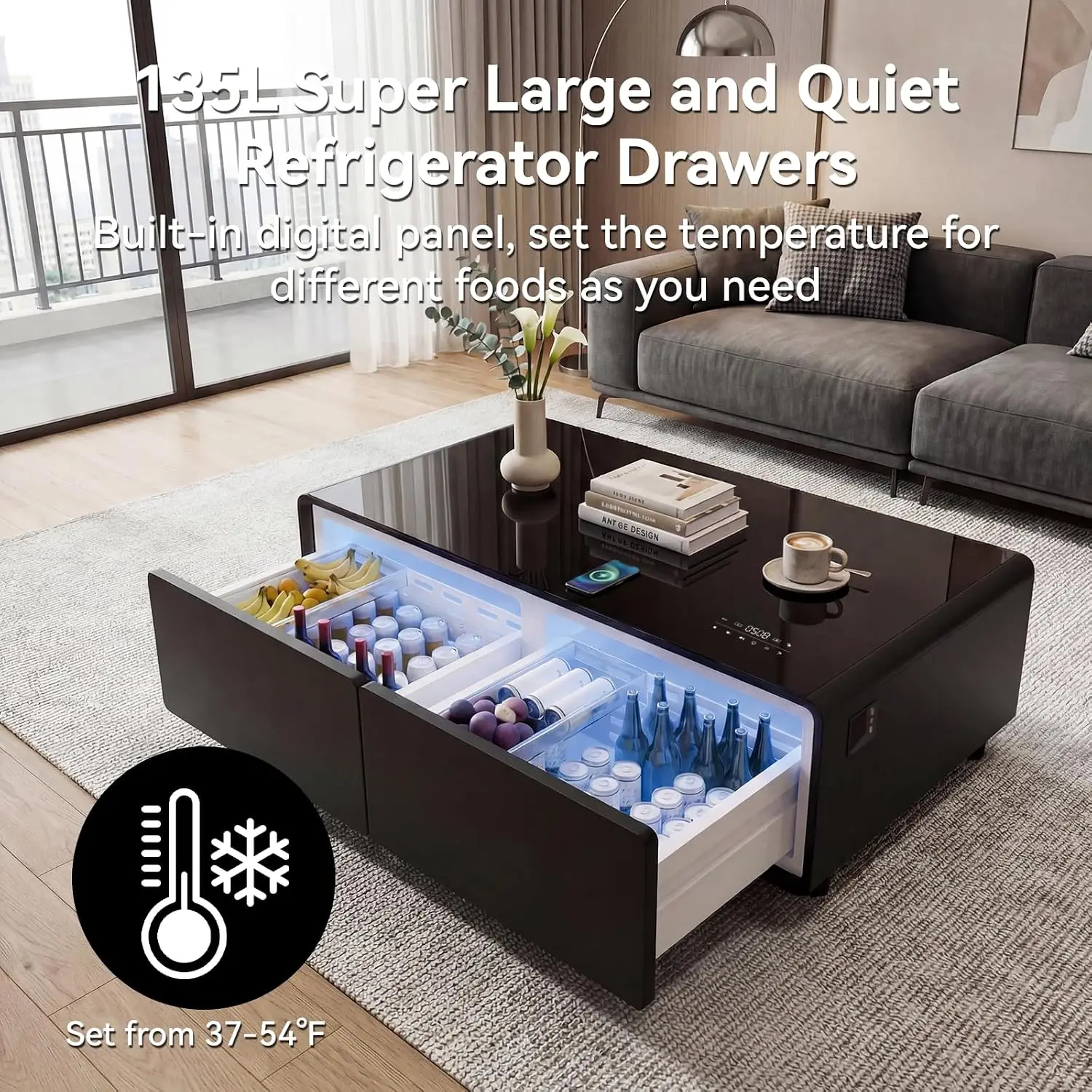 Smart Coffee Table with 135L Fridge Drawers, Speaker & Wireless Charging