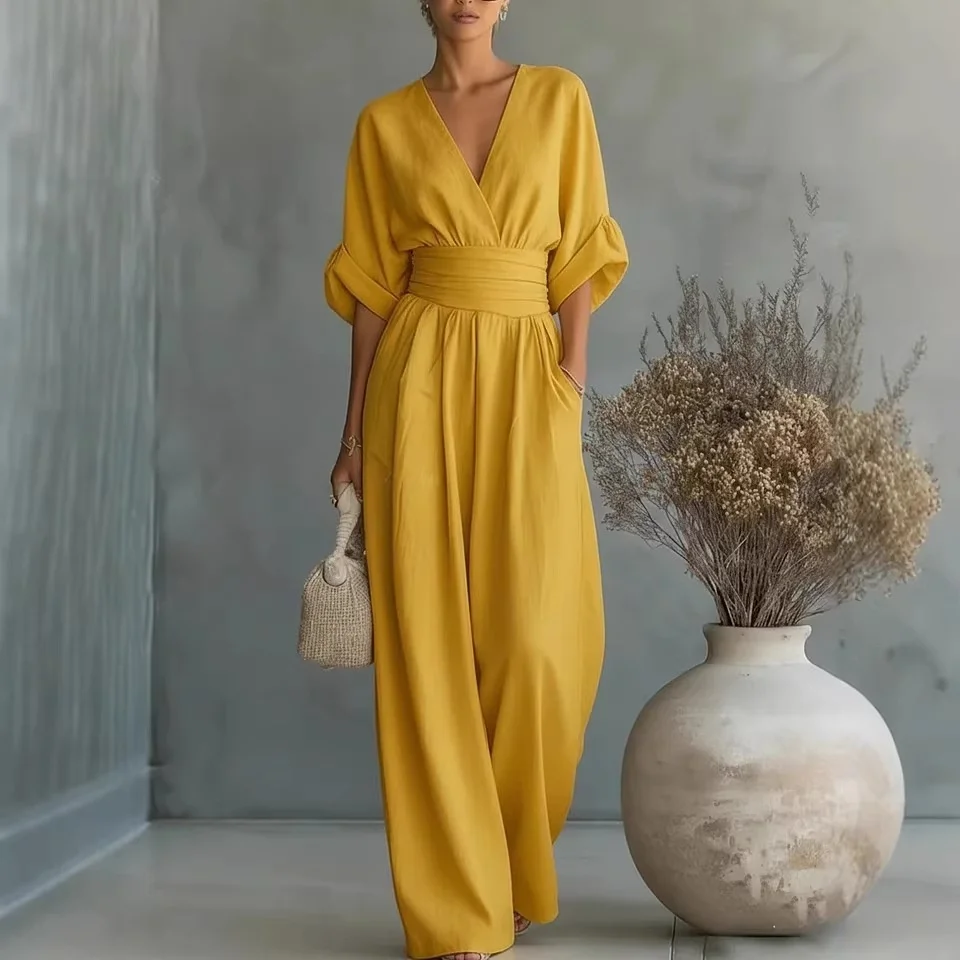 

Fashionable Long Sleeve Jumpsuit V Neck Slimming Wide Leg Pants Casual High Waist Long Pants Polyester Fiber