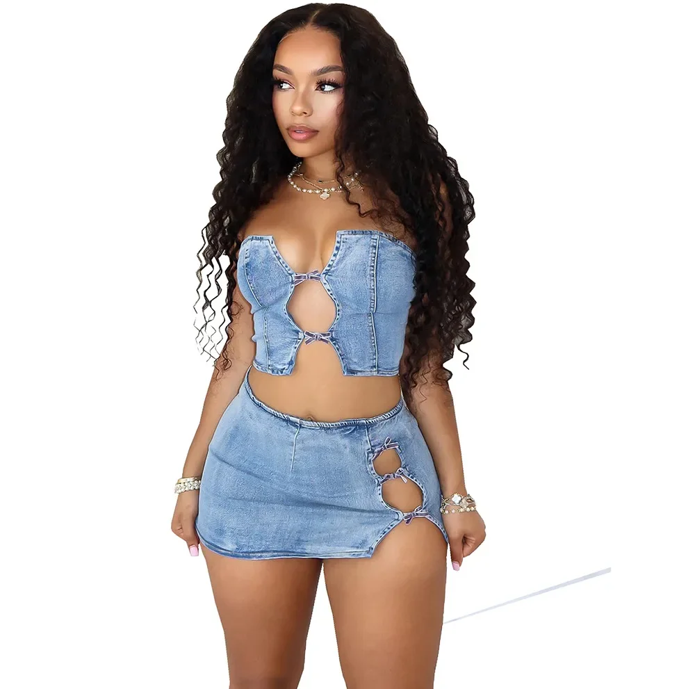 Women Set Sleeveless Denim Strapless Tops and Mini Skirt Suits 2024 Sexy Hollow Out Beach Street Two 2 Piece Set Outfits