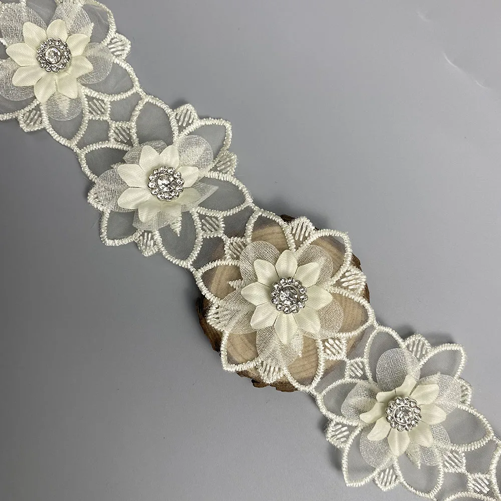 

1 Yard Beige Flower Lace Trim Embroidered Lace Fabric Diamond Sewing Supplies Crafts For Costume Hat Wedding Dress Decoration
