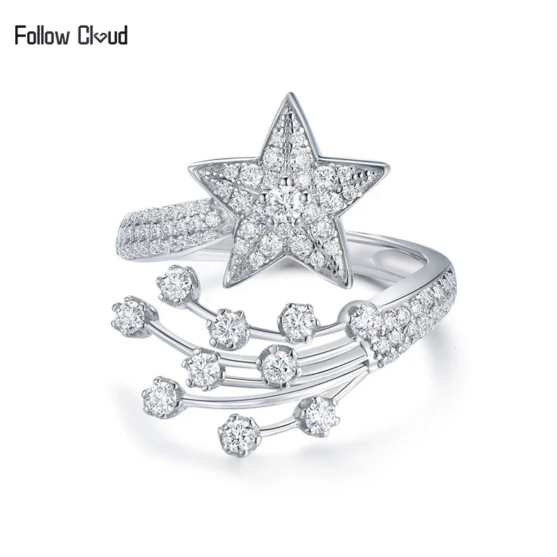 Follow Cloud Total 0.78ct Star Full Moissanite Ring for Women Sparkling S925 Sterling Sliver Plated 18k White Gold Eternity Band