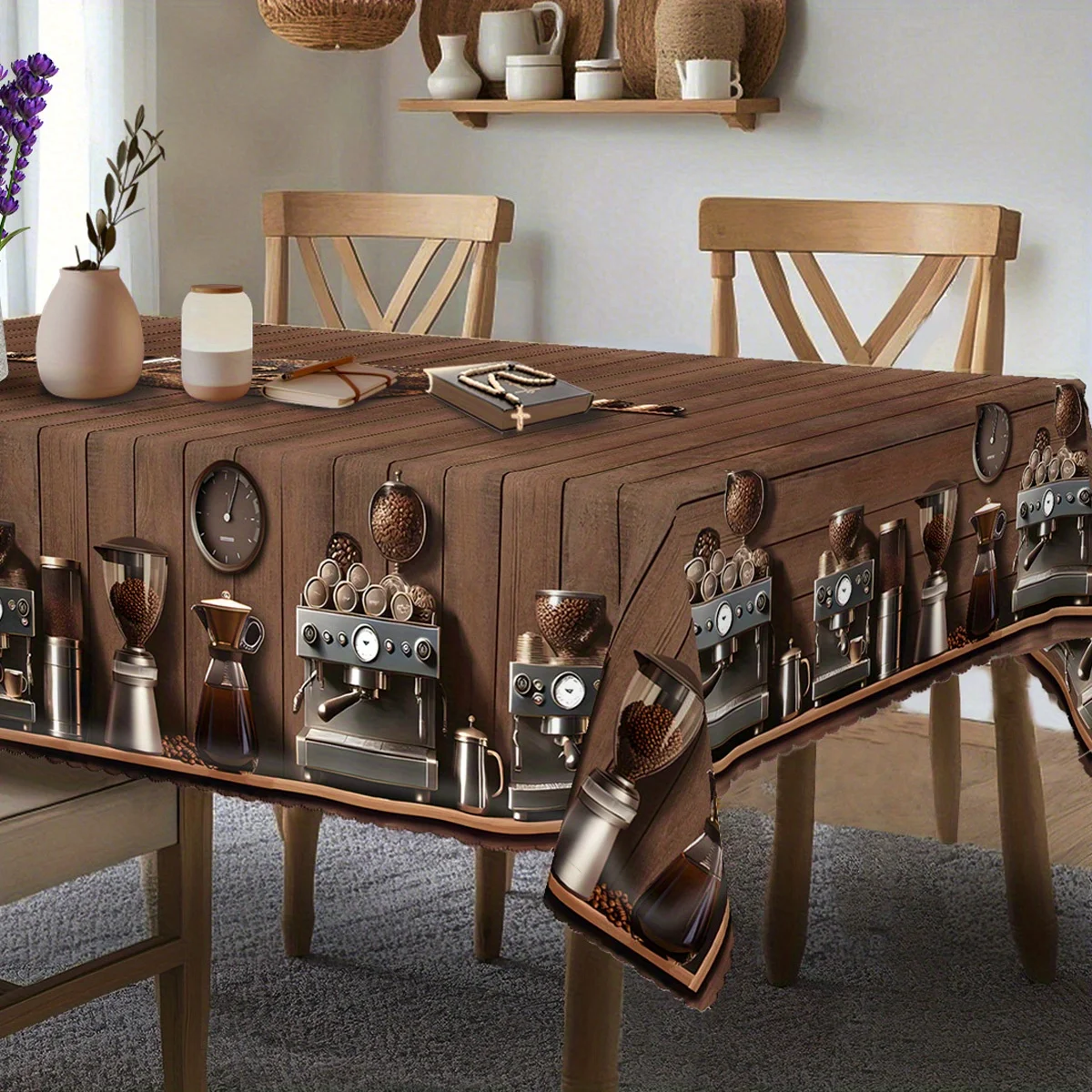 One coffee table cloth, coffee machine and bean elements, wood grain design, retro three-dimensional style