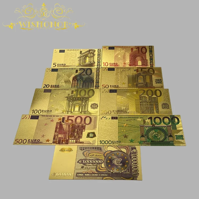 9Pcs/Set Nice Color Euro Banknote 5 10 20 50 100 200 500 1000 1 Million Banknote in 24k Gold Plated For Collection