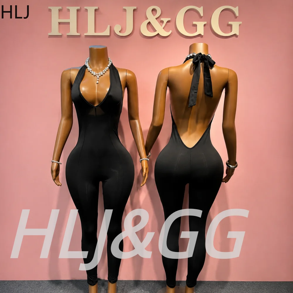 Women'S Fashion Overalls - HLJ Black Sexy Deep V Halter