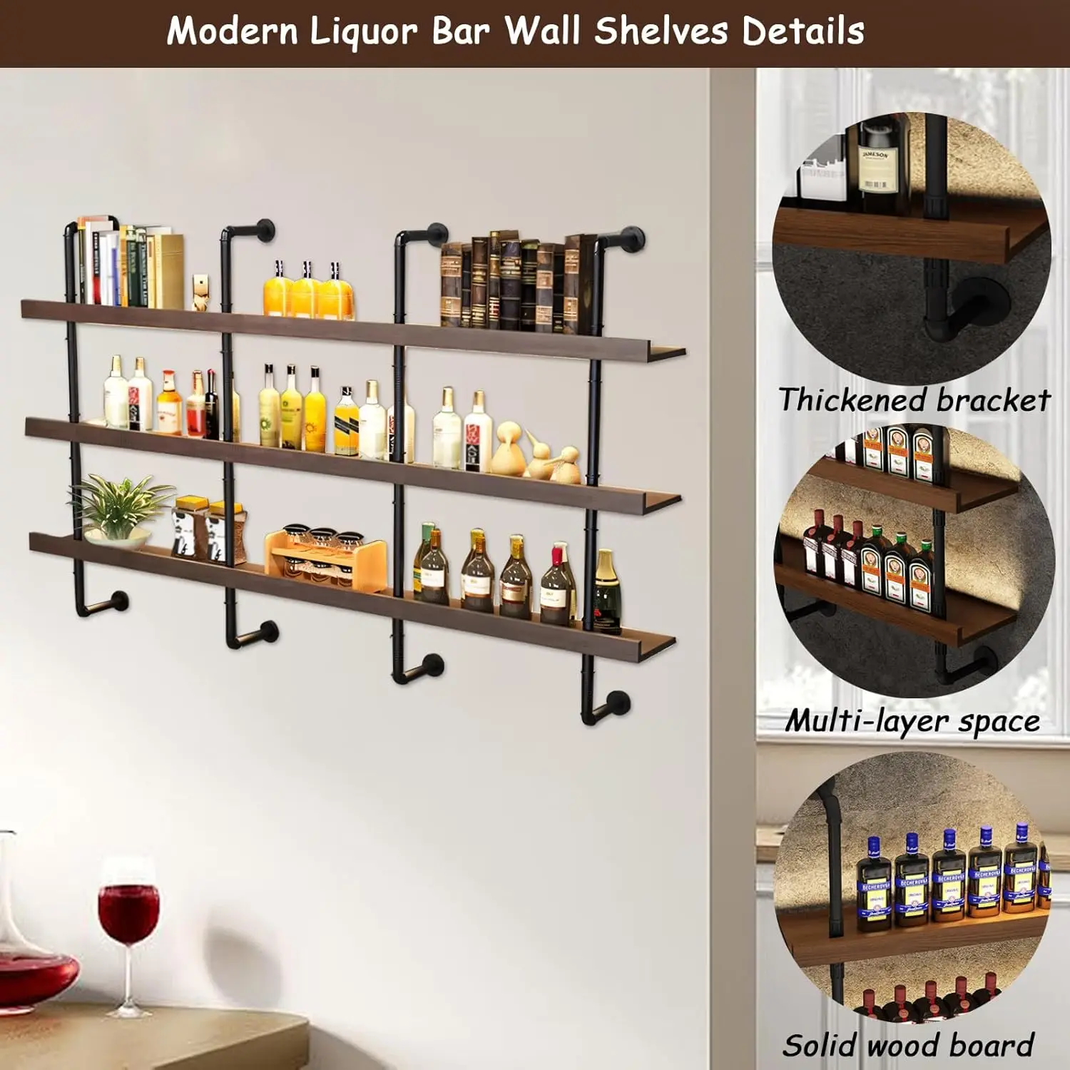 Solid Wood Wall Mounted Wine Rack with LED Lights, 3-Tier Floating Shelves for Home Bar Storage (120cm)