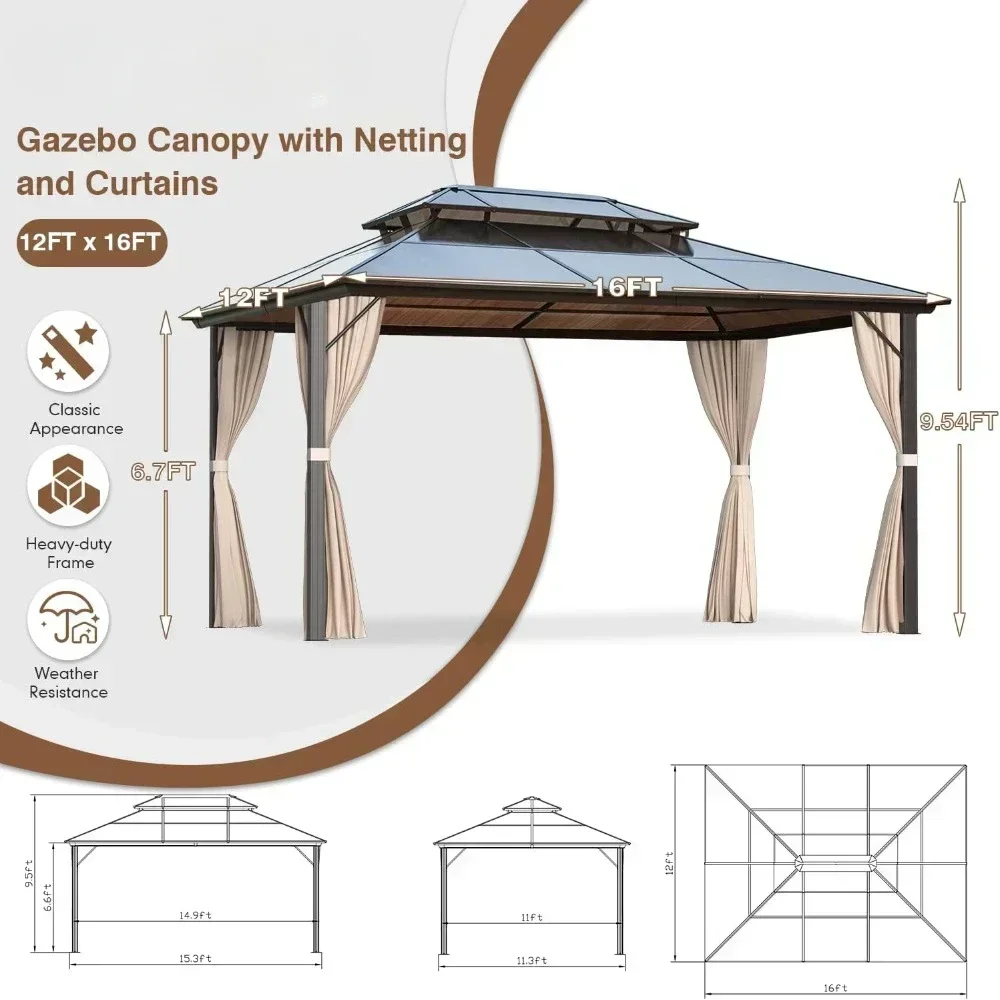 Gazebo Polycarbonate Double Roof Canopy Outdoor Aluminum Frame Pergola, Permanent Pavilion with Netting and Curtains