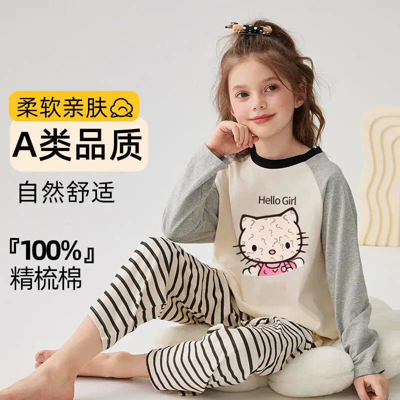 

Sanrio Hello Kitty Girls Pajama Children's Spring Autumn Thicken Pyjama Child Sleepwear Girl Home Clothes 2Pc Set Women Pajama