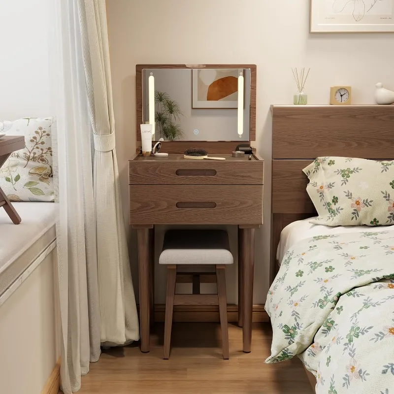 home.Solid Wood Vanity Desk with Plip Top Mirror & Lights, Vanity Table for Bedroom and Living Room (Walnut)