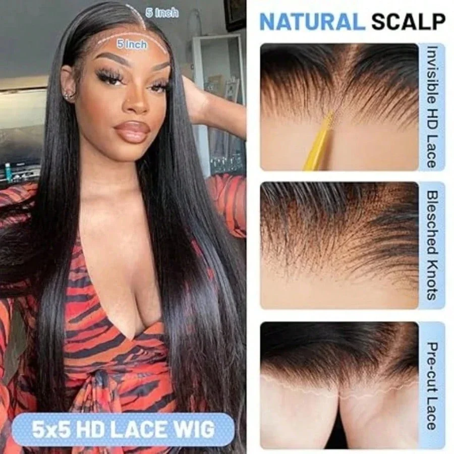 32 34 Inch Straight 5x5 Wear And Go Pre Plucked Pre Cut Lace Glueless Wigs Human Hair 200%/250% Density Transparent 13x4 Lace Frontal Human Hair Wig For Women Natural Black Glueless Wig 5x5 Lace Closure Wig