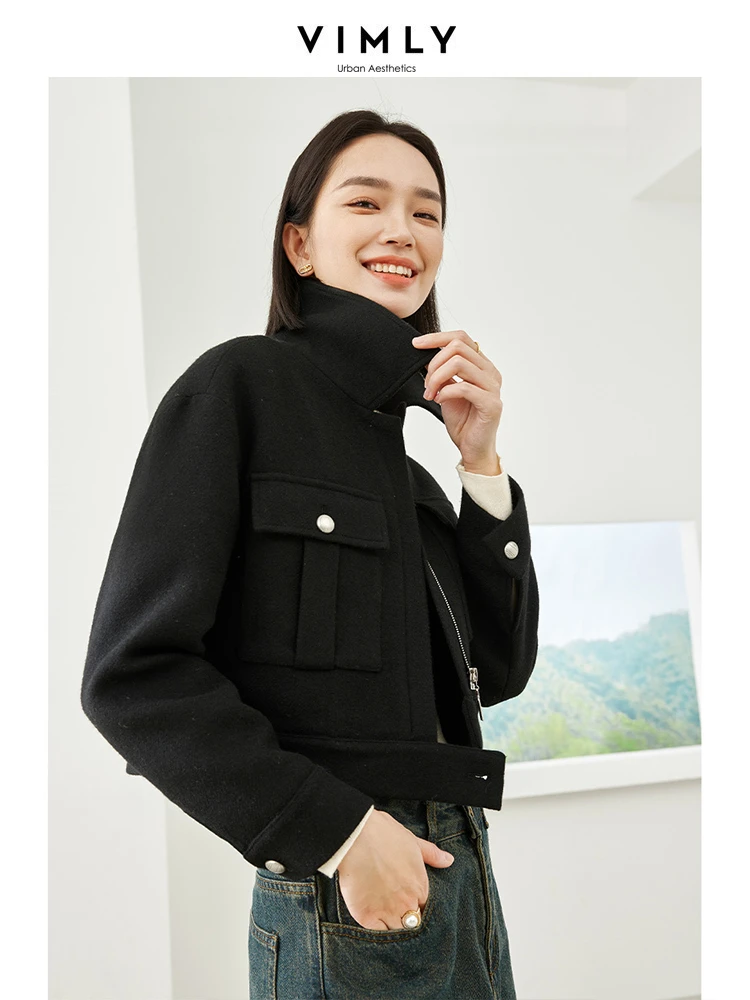 Vimly Wool Blend Cropped Jacket Lapel Zipper Long Sleeve Quilted Short Coat 2023 Winter Warm Thick Office Ladies Outerwear M5300