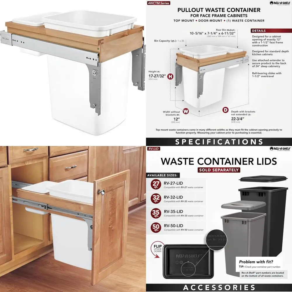 

Single Pullout Under Cabinet 35 Quart Trash Can with 150 Pound Full-Extension Slides for Kitchen Use