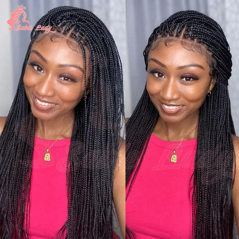 36 بوصة طويلة كامل الدانتيل شعر مستعار مضفر للنساء السود الاصطناعية Knotless صندوق الضفائر شعر مستعار الأفرو آلهة Locs اليدوية كورنو شعر مستعار #4