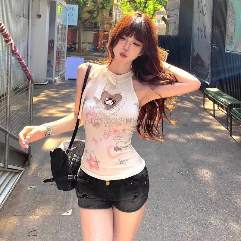 

Hello Kitty Y2K Girl Sexy Sleeveless Crop Top with Straps Heart-shaped Lace Pure Tank Top Women 2000s Bandage Casual Summer Tee