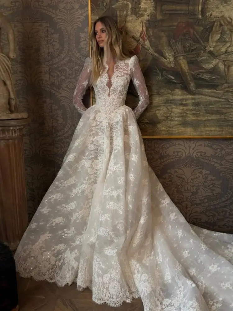2026 Vintage A-Linien Langes Brautkleid mit Spitzenapplikationen Funkelnde Brautkleider Maßgeschneiderte Robe De Mariée Vestidos Mujer