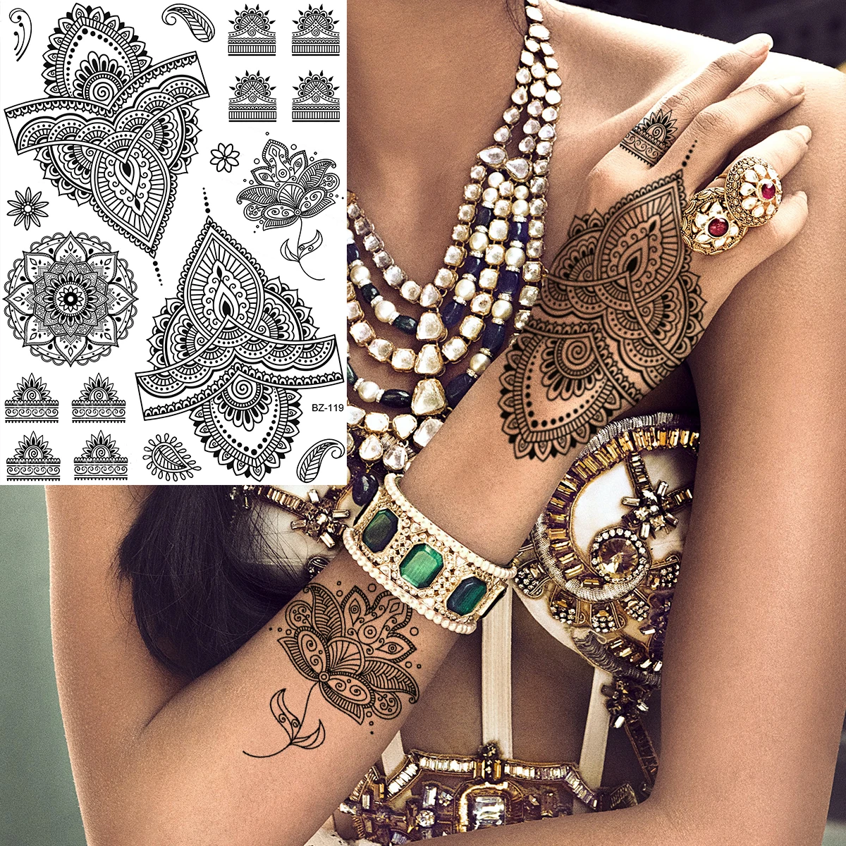 Black Henna Lotus Pendant Underboob Mandala Feather Temporary Tattoos For Women Adult Butterfly Whale Fake Tattoo Arm Tatoo