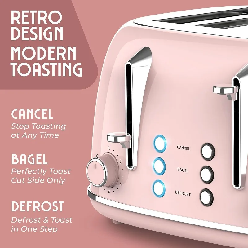 Retro Toaster 4 Slice with Extra Wide Slots,6 Browning Levels,Dual Independent Controls,Removable Crumb Tray & High Lift Levers