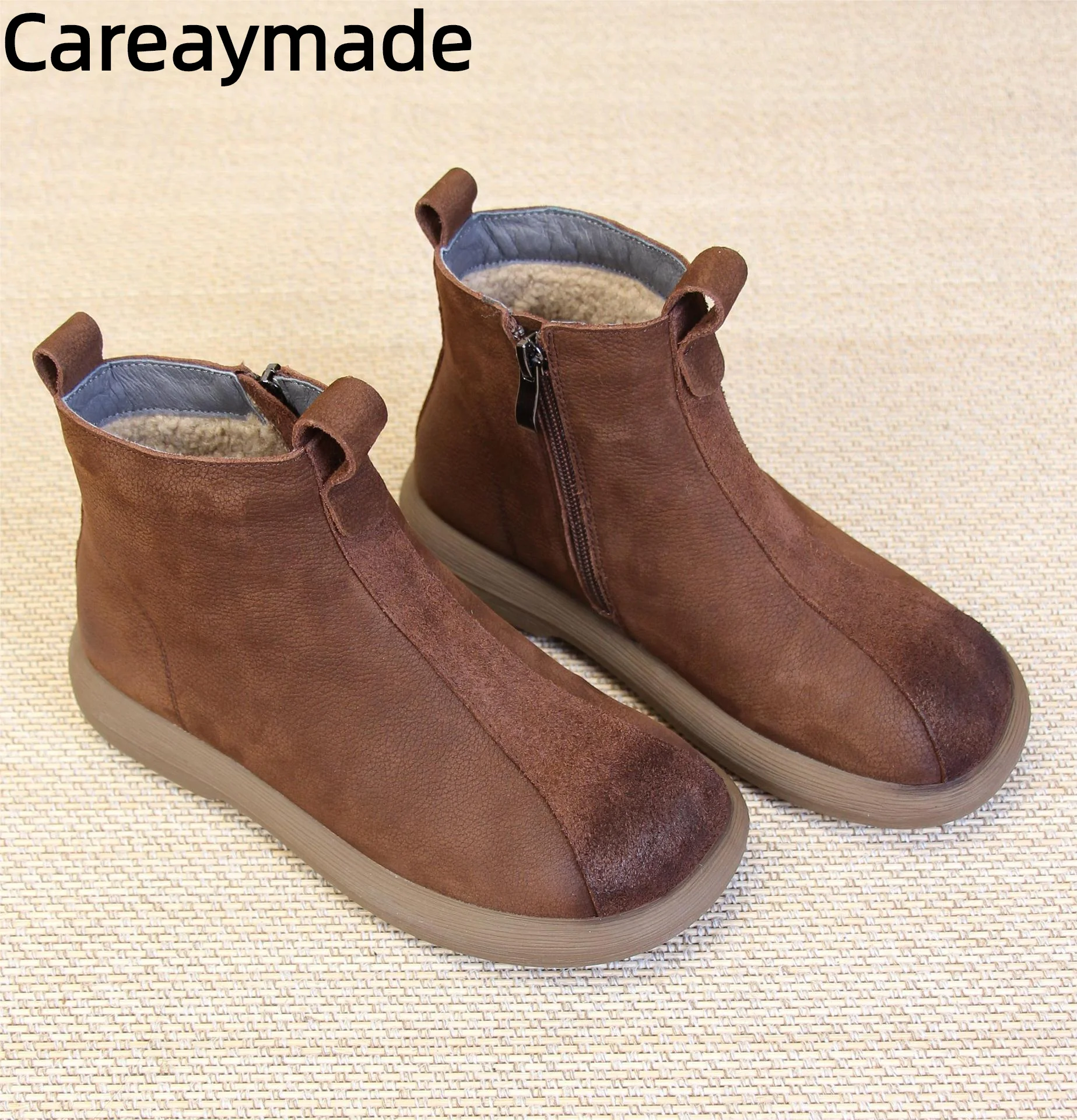 Careaymade-Genuine Leather Winter New Flat Bottom Short Boots Women's Frosted Cowhide Side Zipper Plush Warm Casual Boots