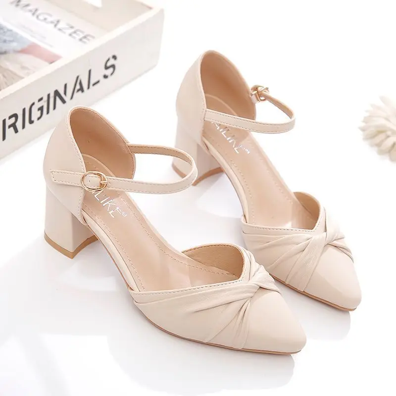 Women\'s Sandals Pointed Toe Ladies Shoes Closed Dress Buckles Square Heels Half or Chic and Elegant High Quality Designer Daily