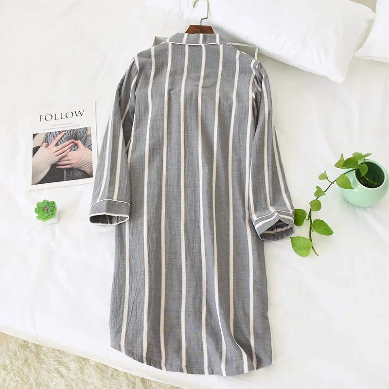 2024 Spring and Summer New Long-Sleeved Nightgowns Cotton Women\'s Mid-Length Cotton Sleepshirts Home stripe Knee-Length