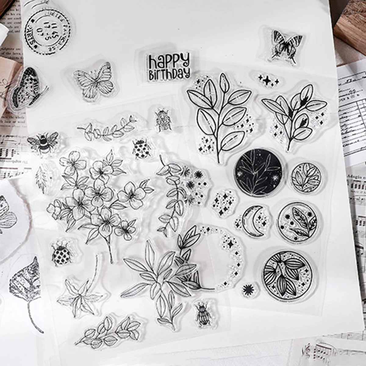 Carimbos de Silicone Transparentes Vintage com Estampas Florais, Lua, Borboleta, Flores Silvestres, Selos para Decoração de Scrapbooking DIY