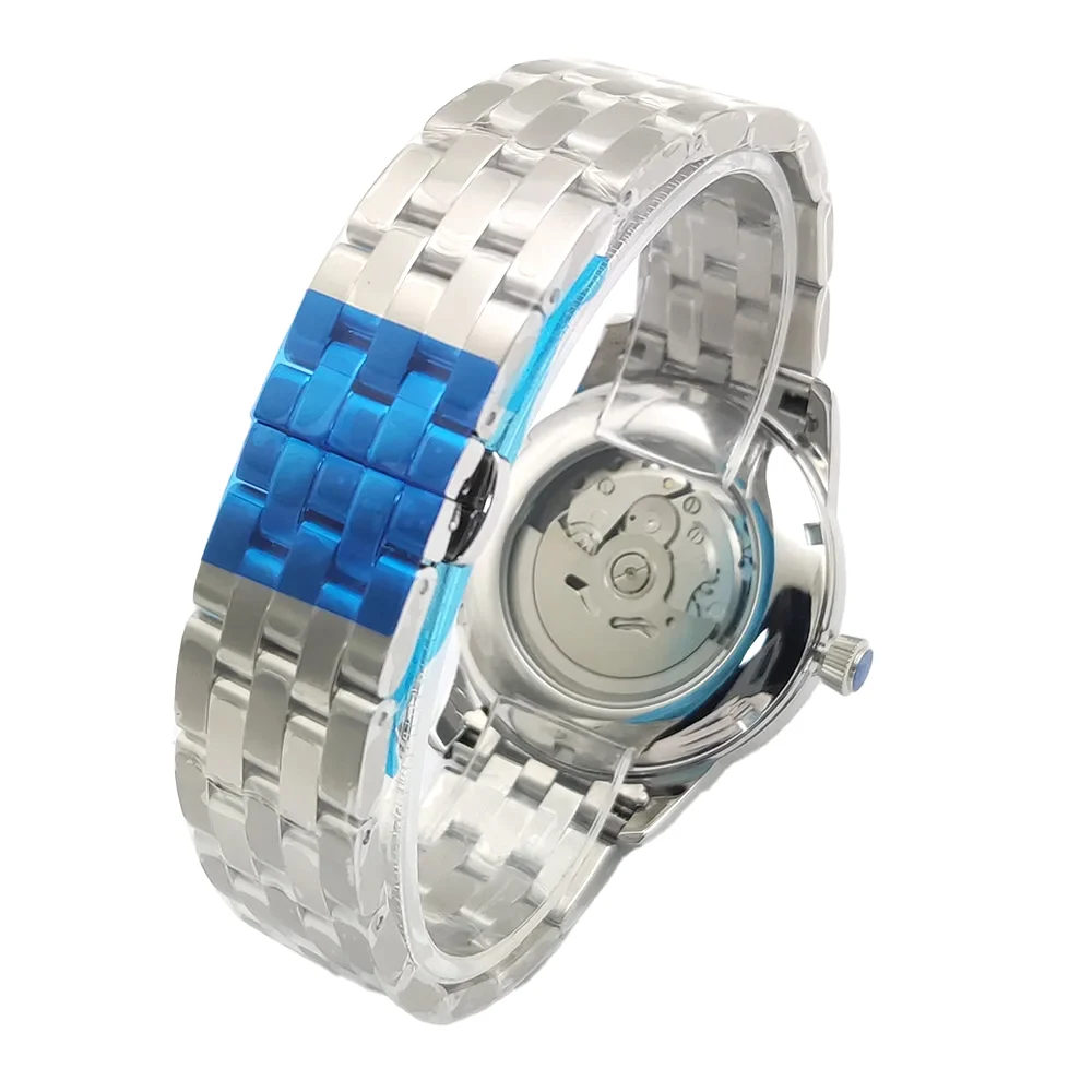 مخصص nh35 ساعة 40.5 مللي متر كوكتيل ساعة أوتوماتيكية للرجال nh35 حركة مزدوجة قبة مقاوم للماء ساعة من الفولاذ المقاوم للصدأ c3 ضوء