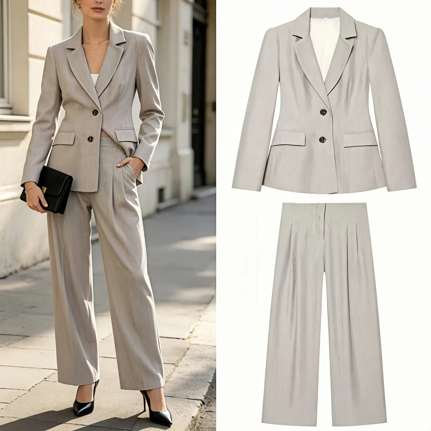 Spring Stylish Women Chic Blazer Pants Suit Office Slim Waist Button Casual Elegant Simple Classic Fashion Suit