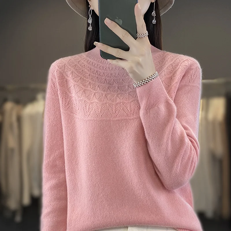 Womens New Wool Hollow Out Half High Collar Knitted Sweater Long Sleeve Autumn Winter Fashion Base Layer Pure Line Apparel Blous