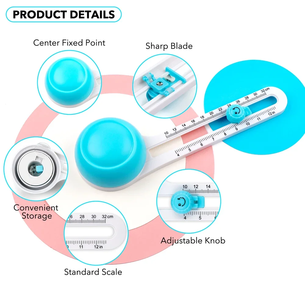 Circle Cutter with 3 Blades For Craft Photo Paper Optical Film 360 Degree Circle Cutting Tool-Cuts Circles From 4 To 12 Inches