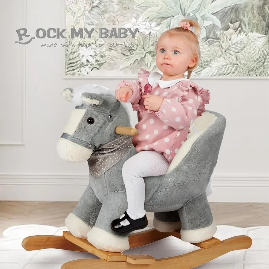 Schommelend grijs paard met stoel Pluche gevulde schommelpony met realistisch geluid Baby-schommeldier voor peuters 13-rit op CPC Ce