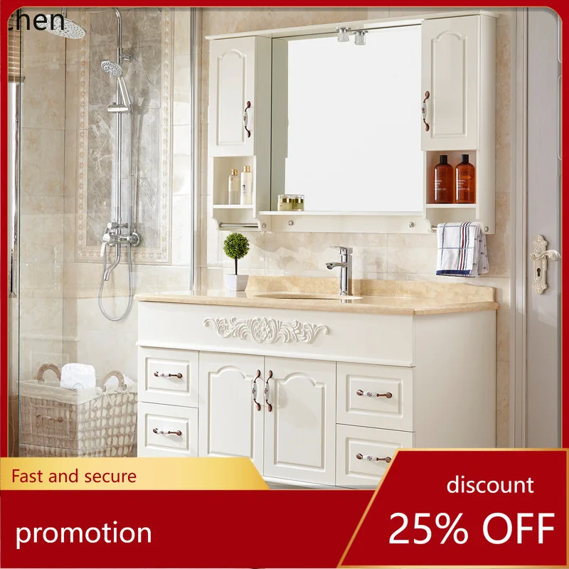 

LXC Oak Bathroom Cabinet Set Floor-standing Washstand Floor-standing Bathroom Sink Mirror Cabinet Marble