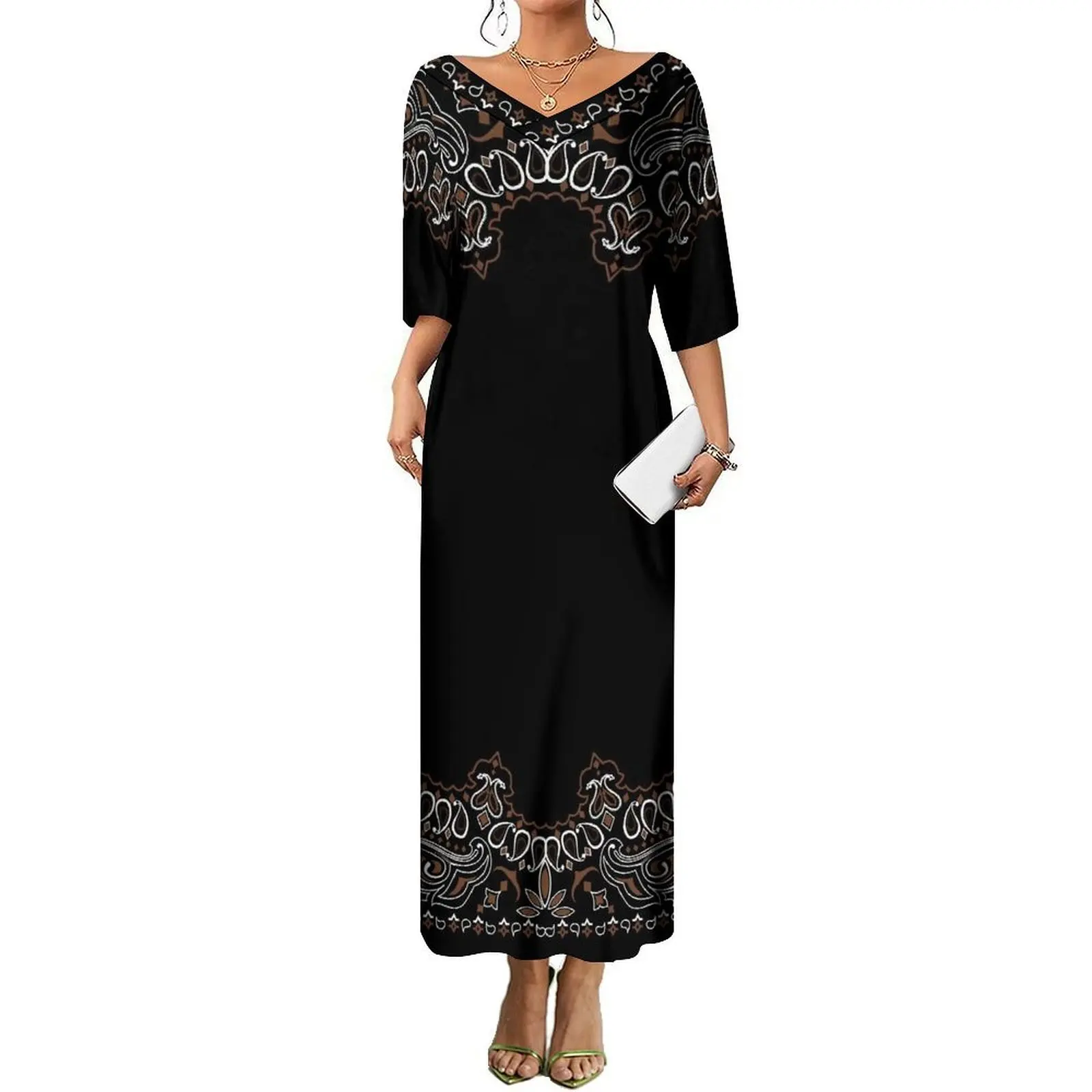 

Bandana Loose Mid-Sleeved V-Neck Long Dress For Women A Custom-Made Fashionable Dress For Hawaiian Women