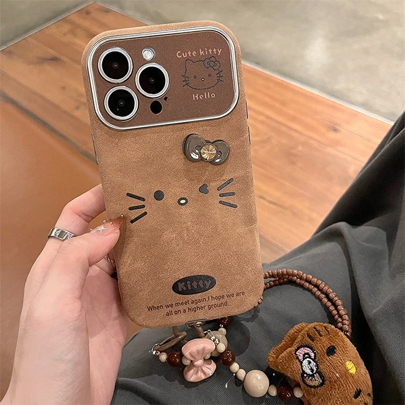 Kawaii Tan Hello Kitty Y2k Phone Case for Iphone13 14 15 16 Pro Max Sanrio Anime Shockproof Matte Protective Cover with Bracelet