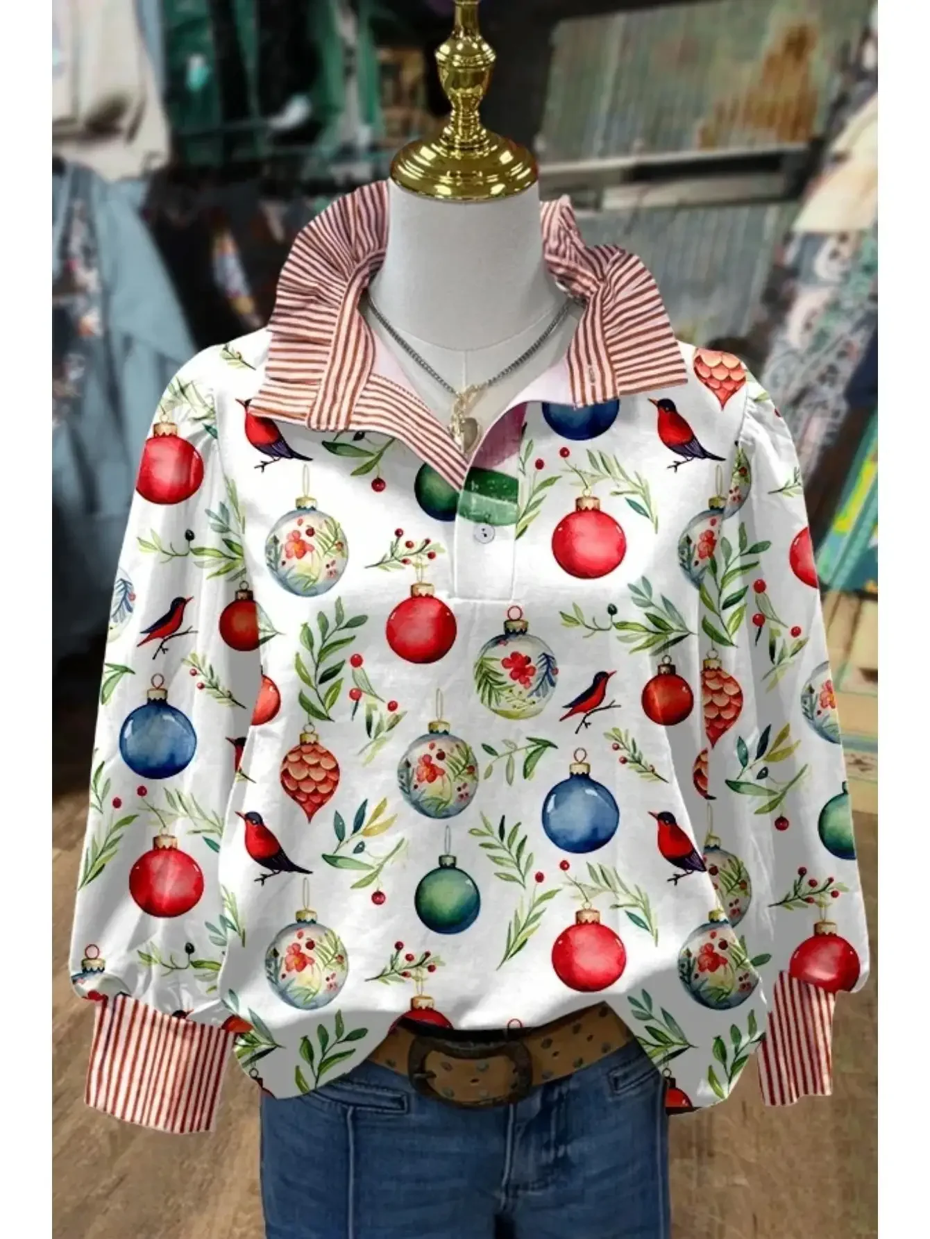 

Women's Plus Size Long Sleeve Stand Collar Shirt with Creative Print for Spring, Autumn, Elastic fabric, holiday shirt