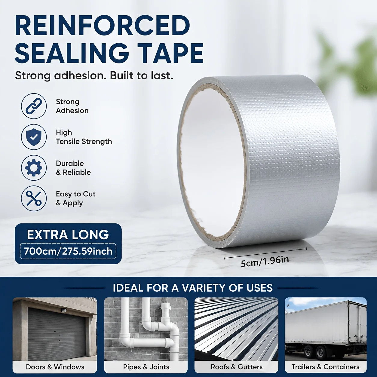 2/1 Roll Pack (One Roll 5m) Multi-Purpose Aluminum Foil Tape, Super Durable, Long-Lasting, and Highly Adhesive It Provides Instant Sealing for Leak Repair. Conveniently Rolls up for Packaging, Providing Excellent Durab
