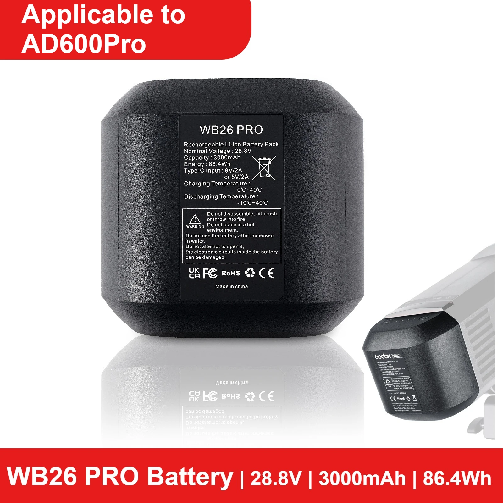

WB26 PRO Battery 28.8V 86.4Wh Li-ion Batterypack High-Capacity Power for Godox AD600 Pro Outdoor Photography Flash Accessories