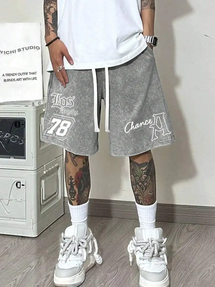 

Mens 290G Vintage Washed Shorts With Number 78 Graphic, Breathable Casual Streetwear, Elastic Waist And Drawstring Closure