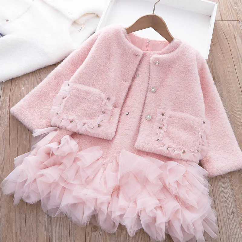 Girls Clothing Sets Winter Kids Girl Sweet Faux Fur Coat and Dress 2pcs Clothes Suit Children Girl Princess Warm Clothes 3 5 8