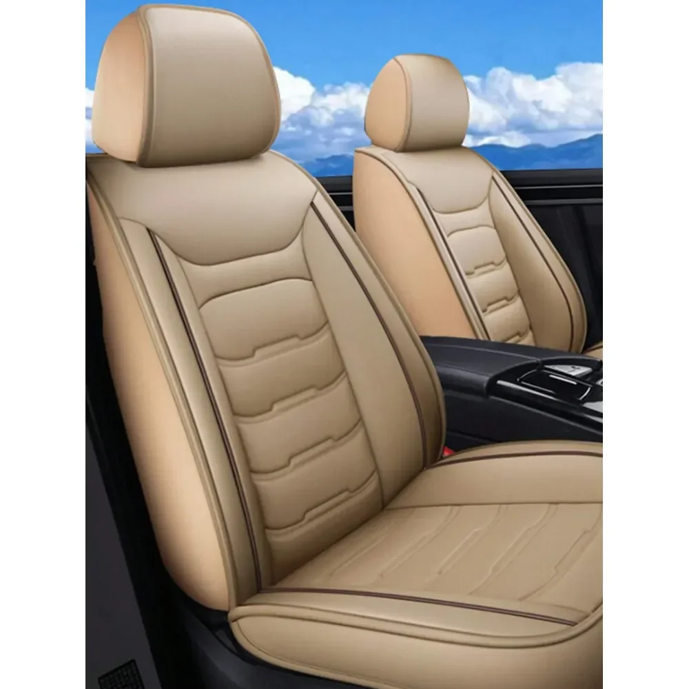 

Light Beige Faux Leather DarkStitched 5Seater Full Coverage Car Seat Covers Universal Fit Auto Seat Protectors