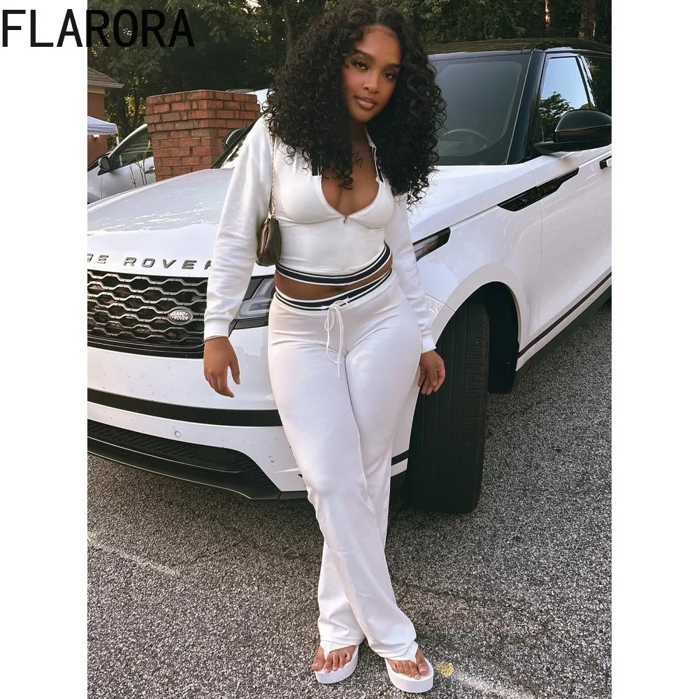 

FLARORA Fashion Stripe Patchwork 2 Piece Sets Woman Lapel Long Sleeve Shirts And Drawstring Pants Outfits Fall Street Tracksuits