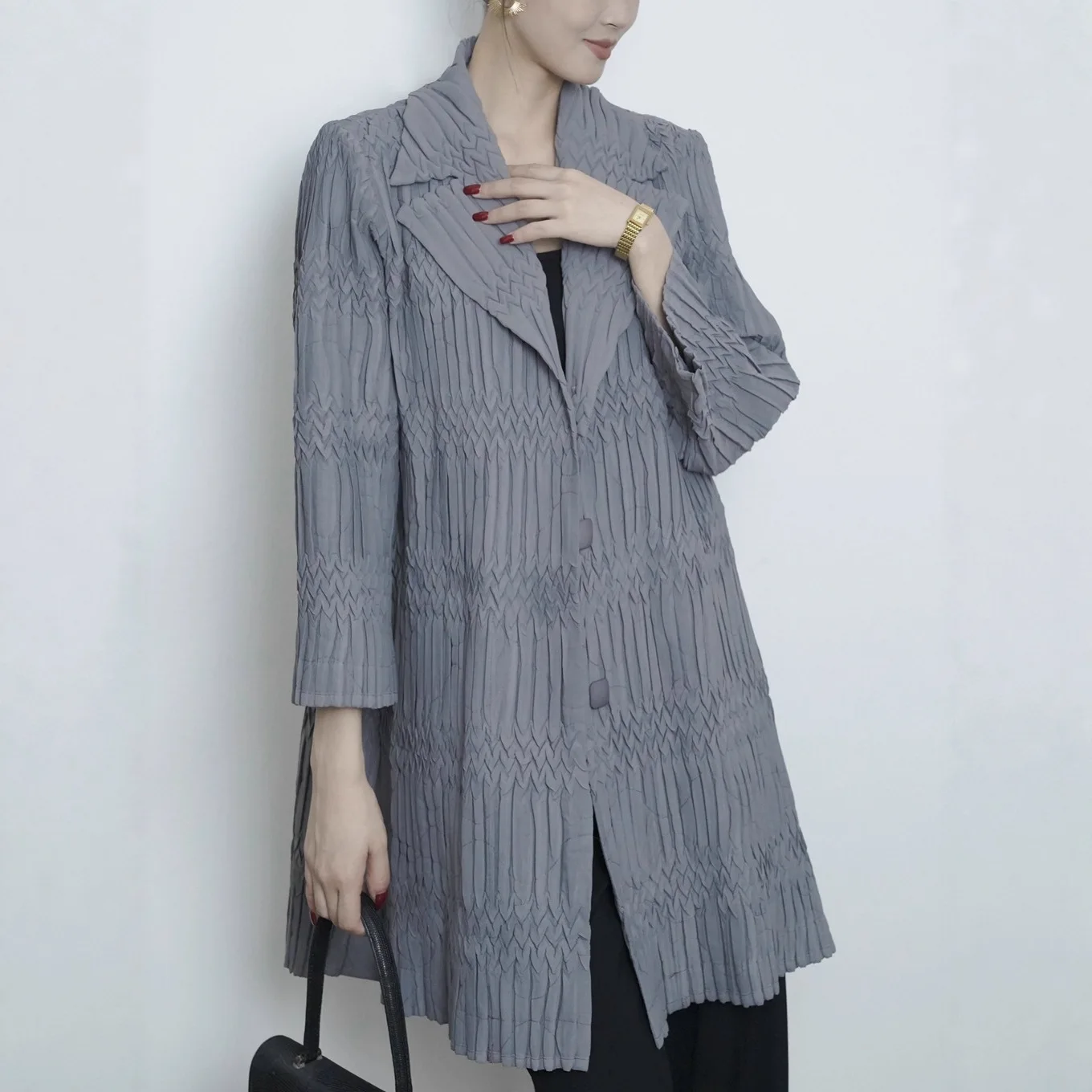 

Miyake Pleated Women's Handmade Pleated Cotton Jacket Women's Medium-length Senior Sense of Suit Collar Temperament Cotton Coat