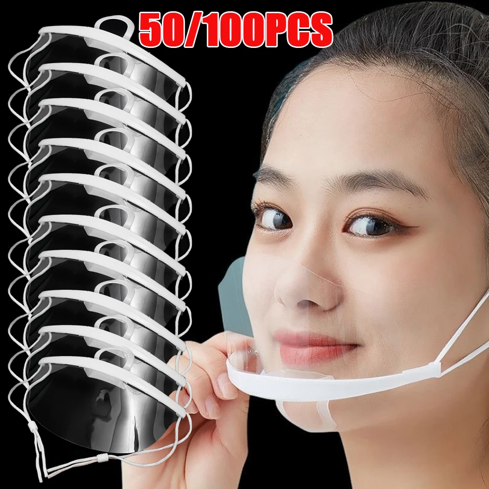 50/100pcs Clear Plastic Catering Mask Hotel Beauty Chef Waiter Protective Mask Reusable Visible Splash Proof Mask Mouth Cover