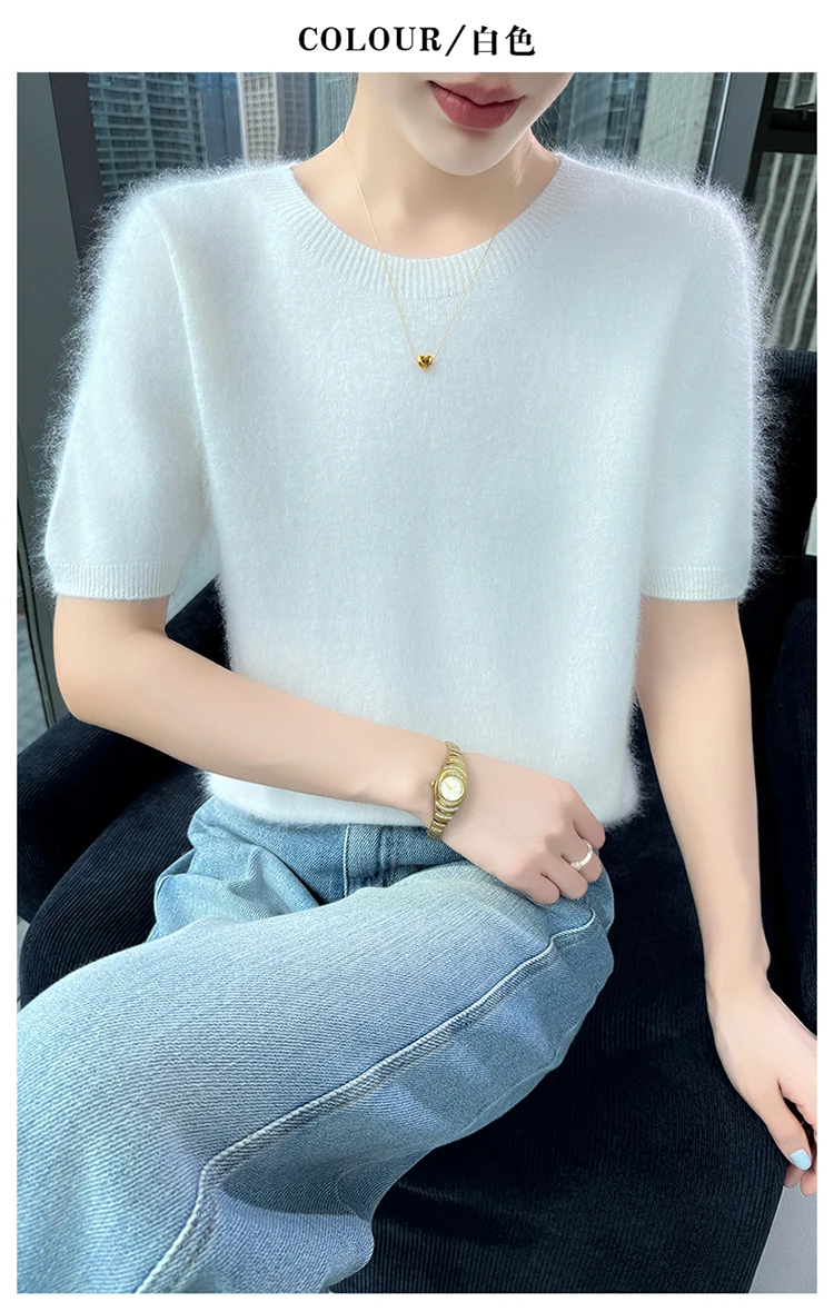 Neuer gestrickter Damen-Pullover aus 100 % Nerz-Kaschmir mit kurzen Ärmeln, einfacher und vielseitiger Damen-Pullover mit O-Ausschnitt der Marke FRSEUCAG – Detail 10