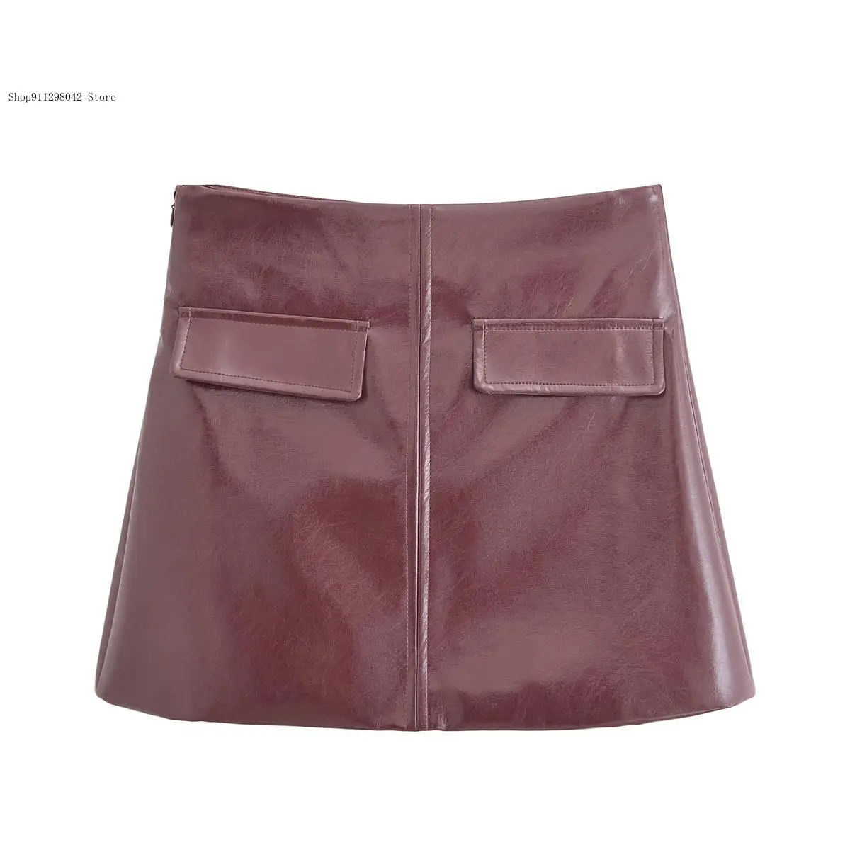 Spring and Autumn Minimalist Commuting Nightclub Dark Red Round Neck Imitation Leather High Waist Pu Half Skirt for Women